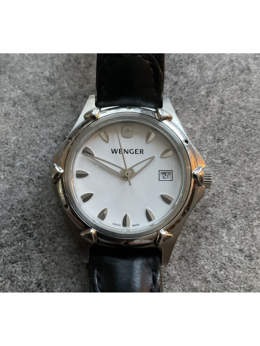 Wenger Womens Watch 29mm Silver Tone Case W/Date 7023X Black Leather Band BA